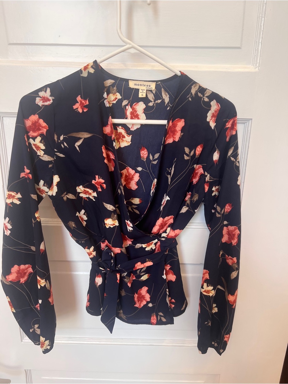 Monteau Navy Floral Wrap Top with Coral and Cream Blooms